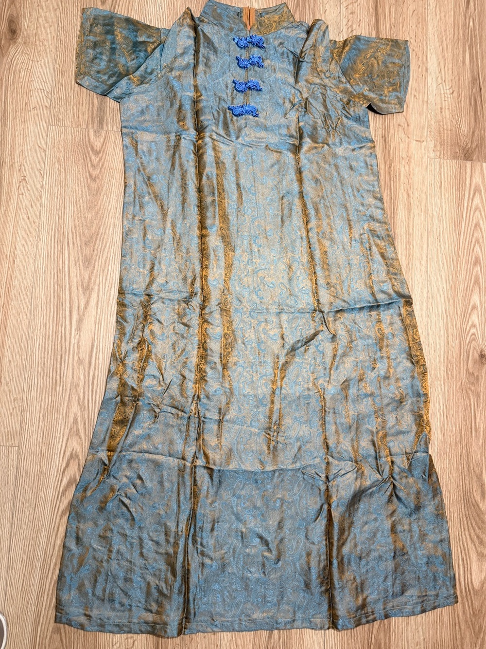 Vintage Cheongsam Qipao Maxi Dress Blue Gold Iridescent Paisley Brocade M
